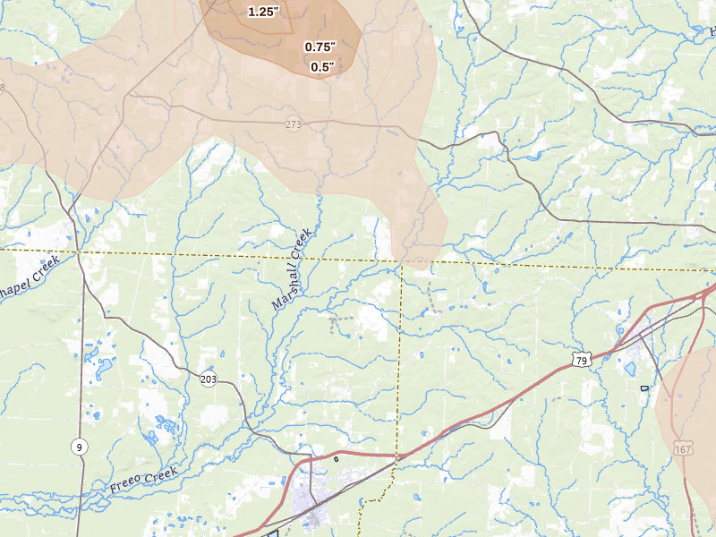 Radar-estimated hail-size map of the storm over Bearden, AR on Jul 8, 2026