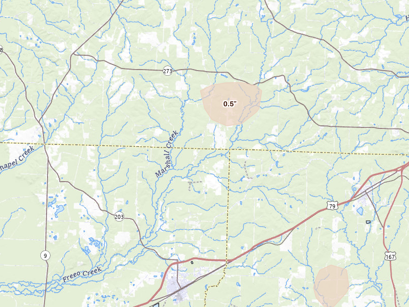 Radar-estimated hail-size map of the storm over Bearden, AR on Aug 10, 2026