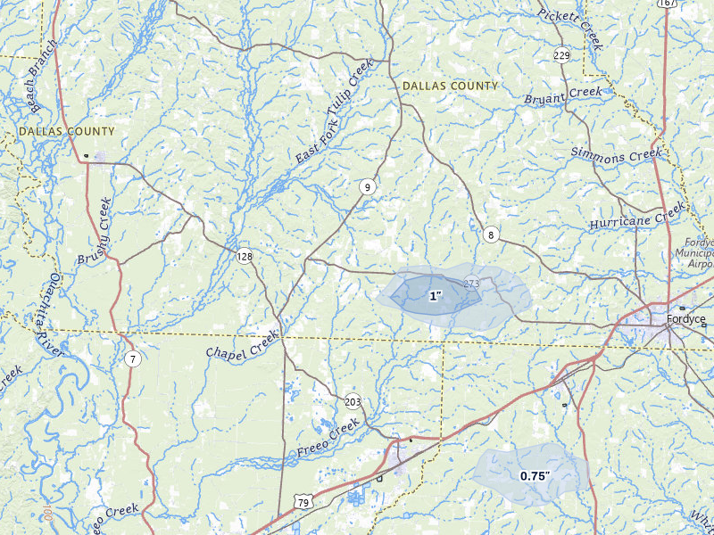 NEXRAD radar-signature map of the hail storm over Bearden, AR on Aug 10, 2026