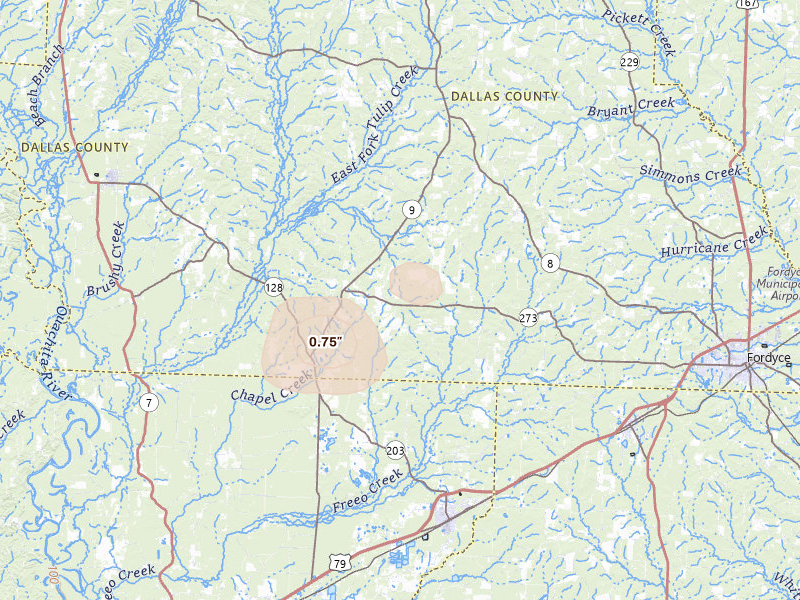 Radar-estimated hail-size map of the storm over Bearden, AR on Aug 22, 2026