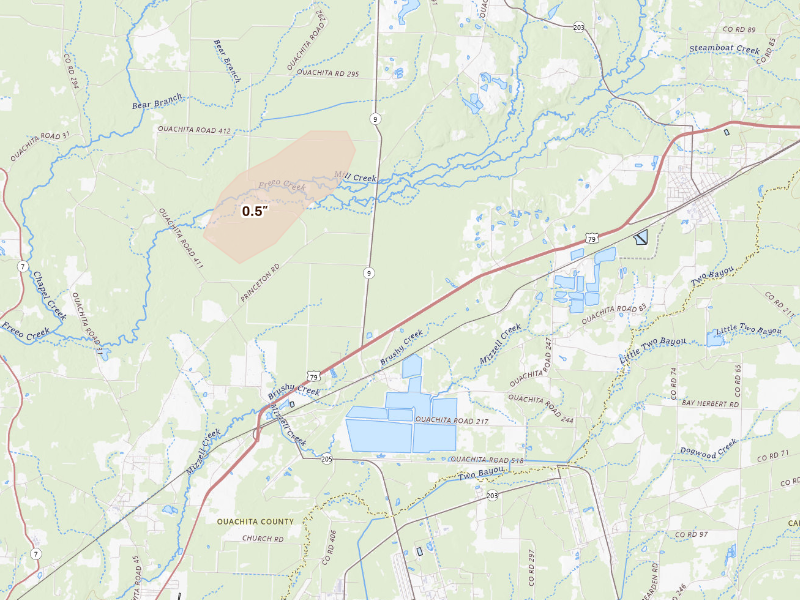 Radar-estimated hail-size map of the storm over Bearden, AR