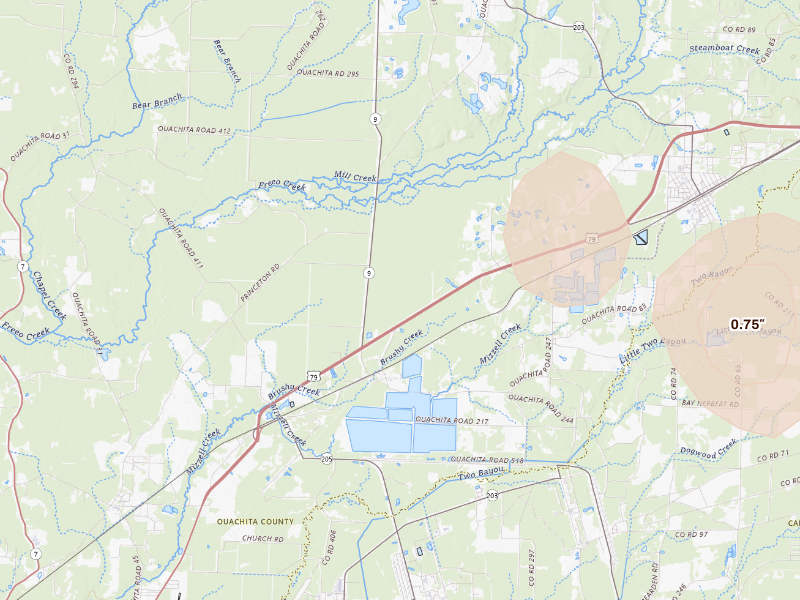 Radar-estimated hail-size map of the storm over Bearden, AR