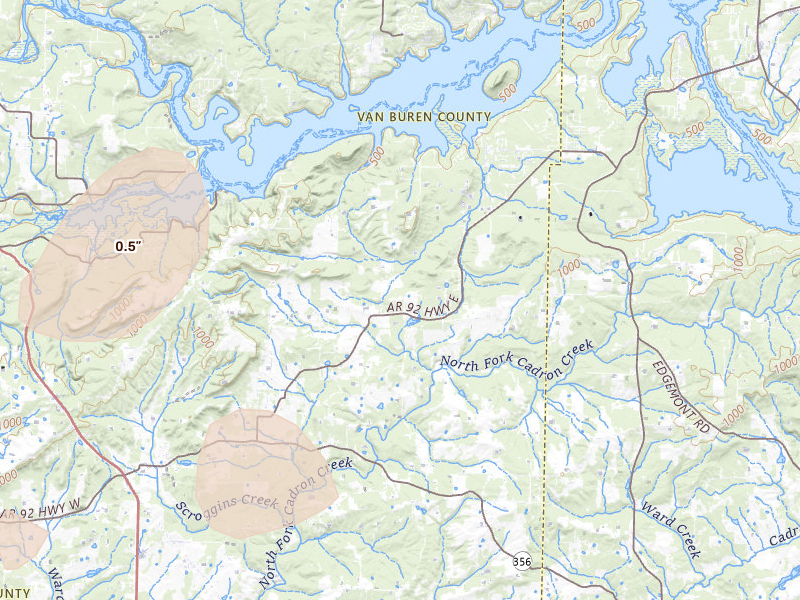 Radar-estimated hail-size map of the storm over Bee Branch, AR on Apr 28, 2026