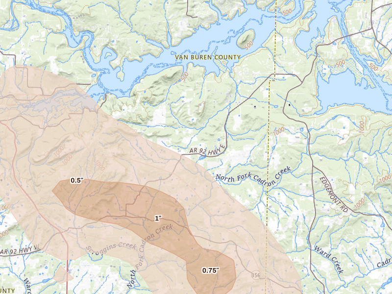 Radar-estimated hail-size map of the storm over Bee Branch, AR on May 30, 2026