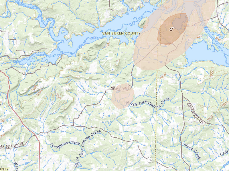 Radar-estimated hail-size map of the storm over Bee Branch, AR on Jun 25, 2026