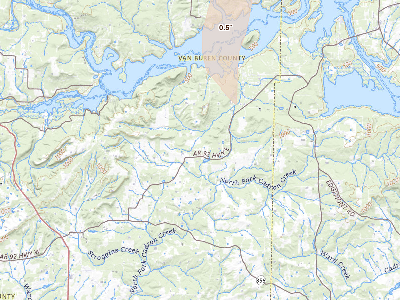 Radar-estimated hail-size map of the storm over Bee Branch, AR on Jul 3, 2026