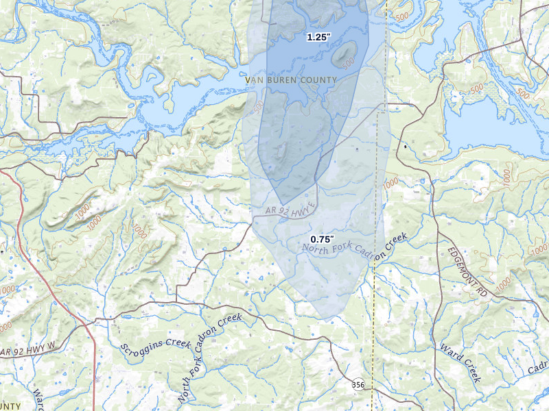 NEXRAD radar-signature map of the hail storm over Bee Branch, AR on Jul 3, 2026