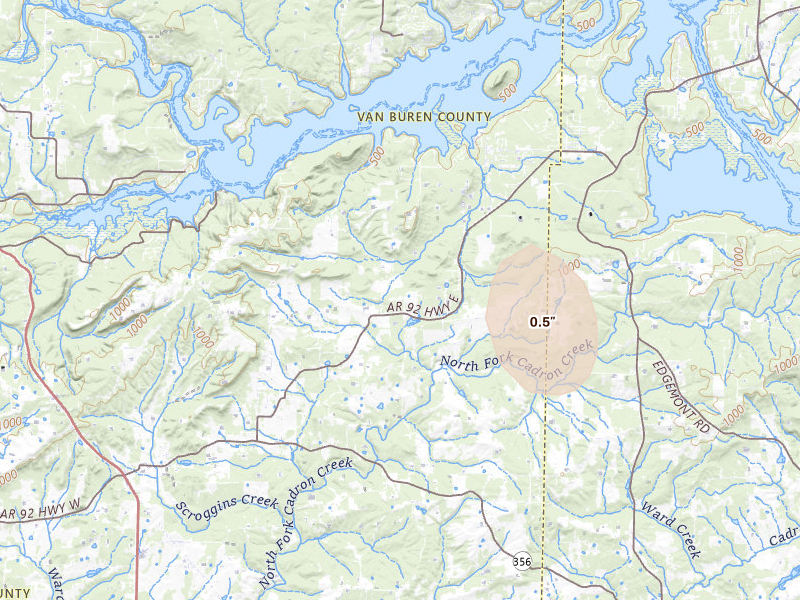 Radar-estimated hail-size map of the storm over Bee Branch, AR on Jul 6, 2026