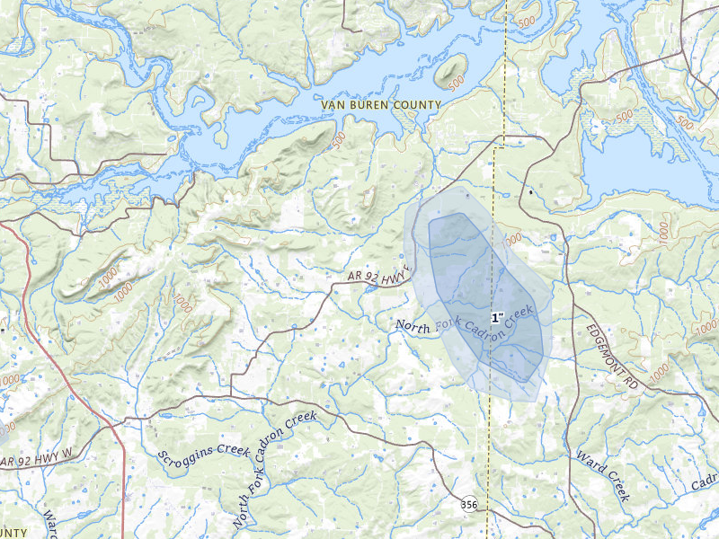 NEXRAD radar-signature map of the hail storm over Bee Branch, AR on Jul 6, 2026