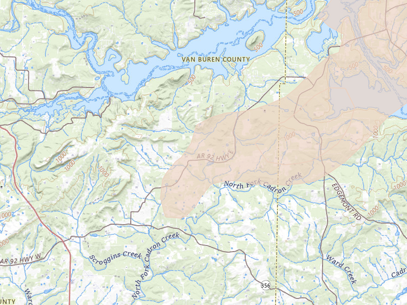 Radar-estimated hail-size map of the storm over Bee Branch, AR on Jul 11, 2026
