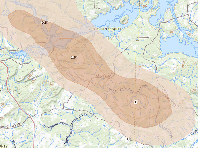 Radar-estimated hail-size map of the storm over Bee Branch, AR on Aug 22, 2026