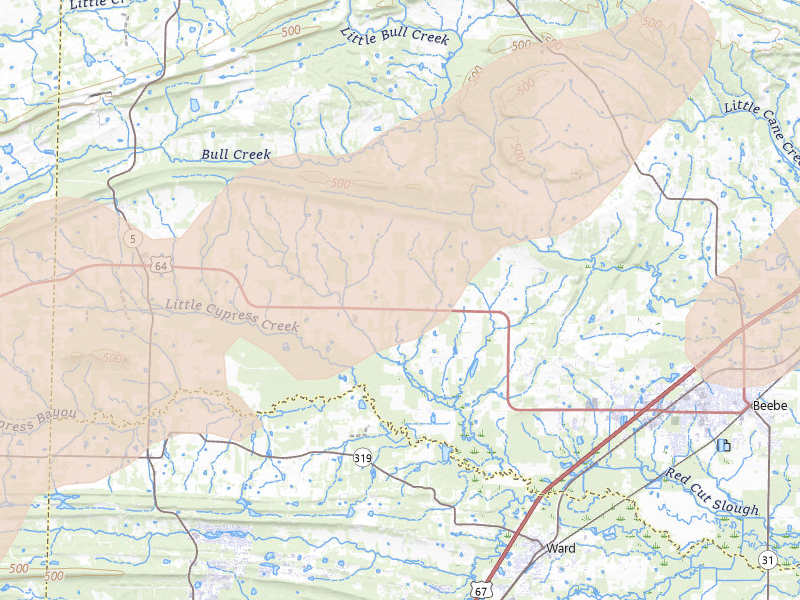 Radar-estimated hail-size map of the storm over Beebe, AR on Apr 28, 2026