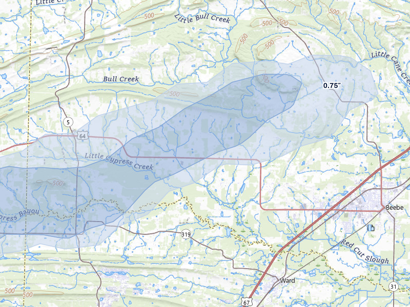 NEXRAD radar-signature map of the hail over Beebe, AR