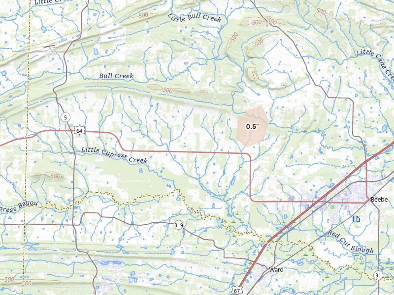 Radar-estimated hail-size map of the storm over Beebe, AR on Jul 3, 2026