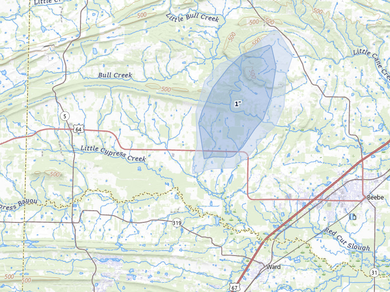 NEXRAD radar-signature map of the hail over Beebe, AR