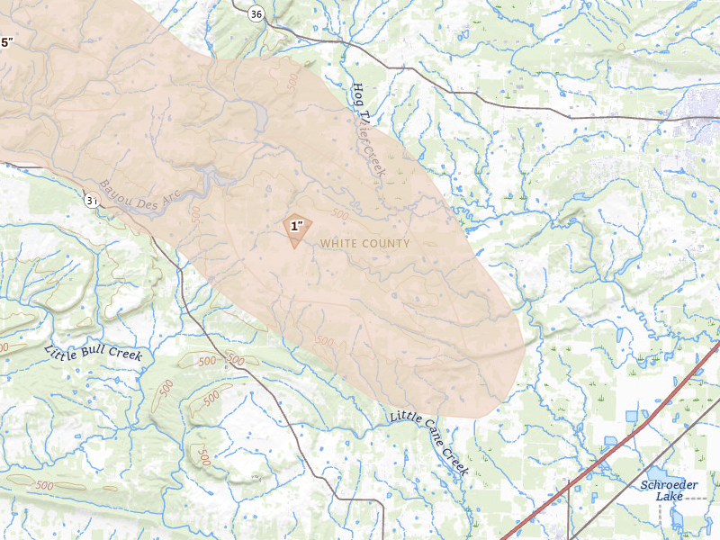 Radar-estimated hail-size map of the storm over Beebe, AR on Aug 17, 2026