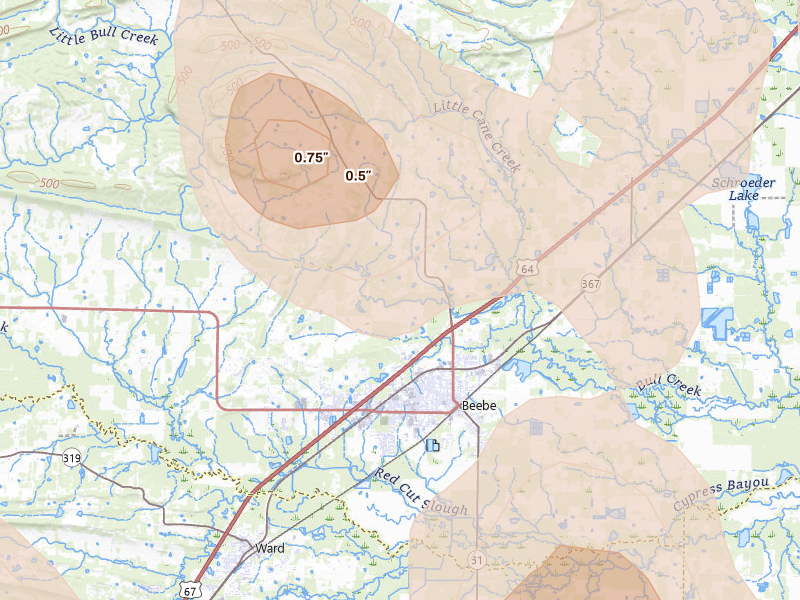 Radar-estimated hail-size map of the storm over Beebe, AR on Aug 26, 2026