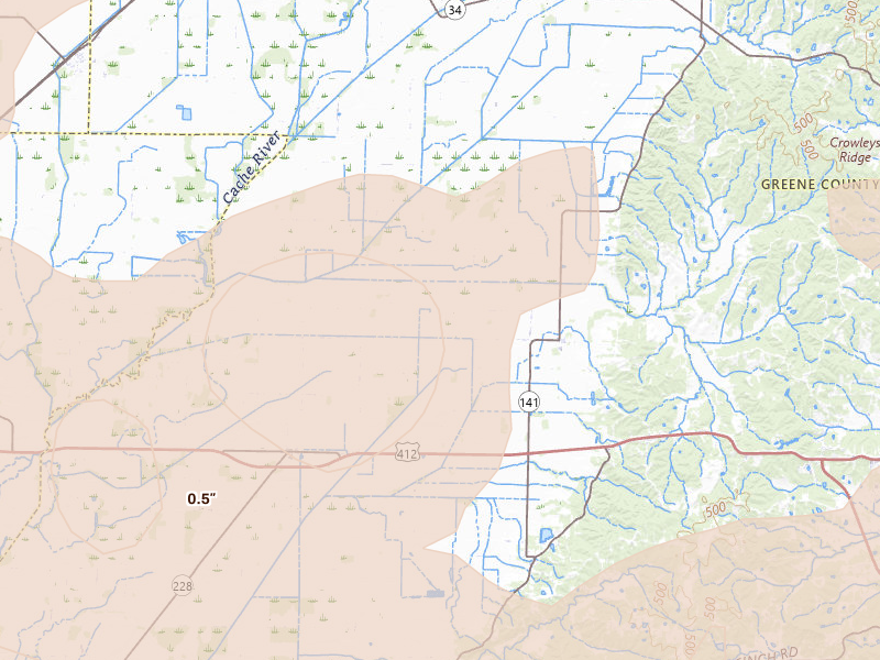 Radar-estimated hail-size map of the storm over Beech Grove, AR on Apr 27, 2026