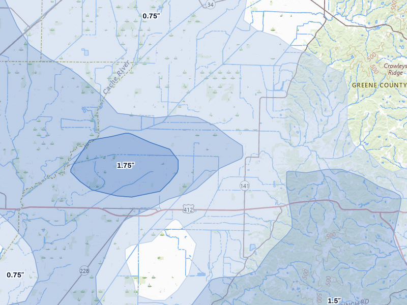 NEXRAD radar-signature map of the hail over Beech Grove, AR