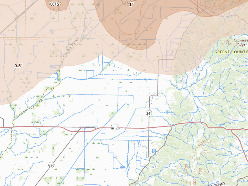 Radar-estimated hail-size map of the storm over Beech Grove, AR on Jul 9, 2026