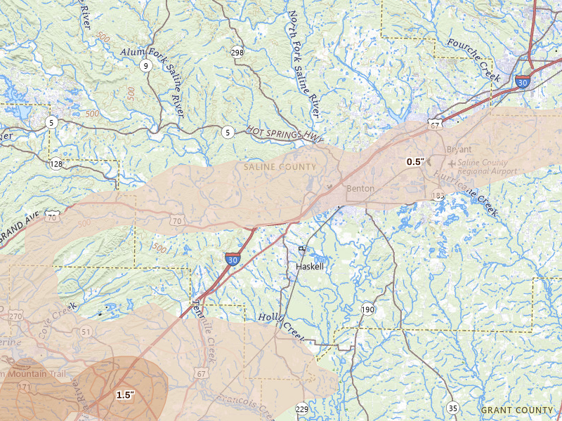 Radar-estimated hail-size map of the storm over Benton, AR on May 5, 2026