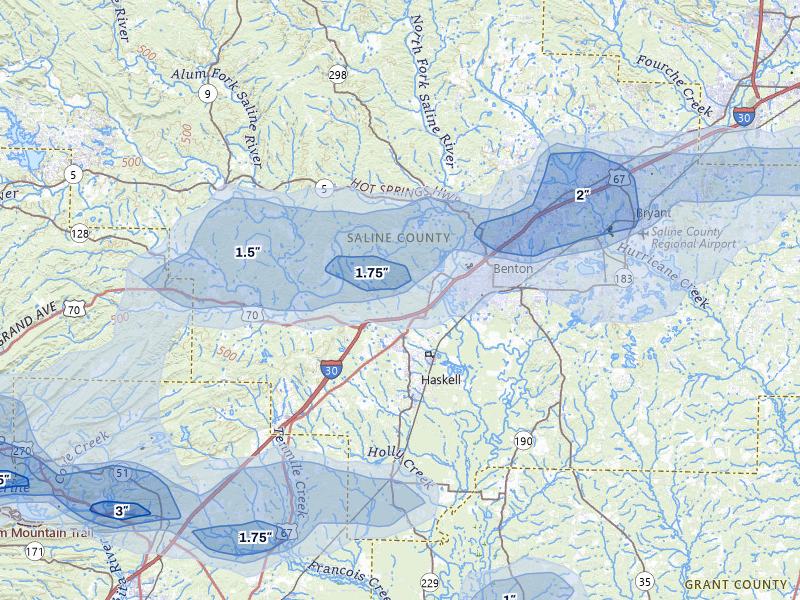 NEXRAD radar-signature map of the hail storm over Benton, AR on May 5, 2026