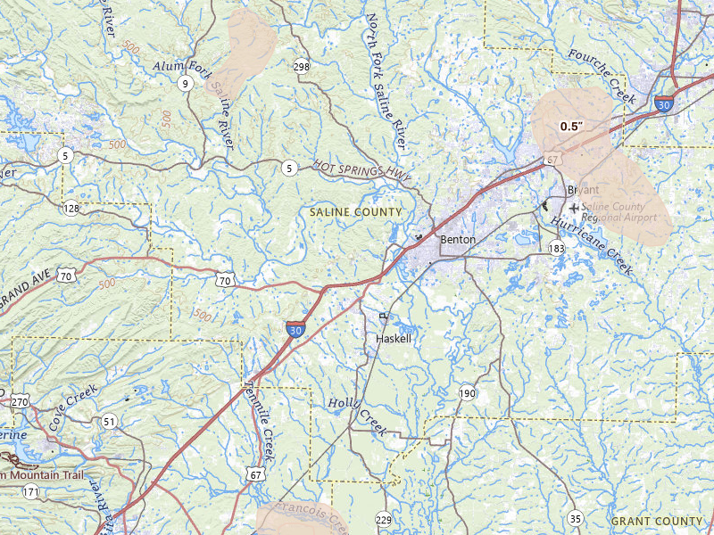 Radar-estimated hail-size map of the storm over Benton, AR on May 30, 2026