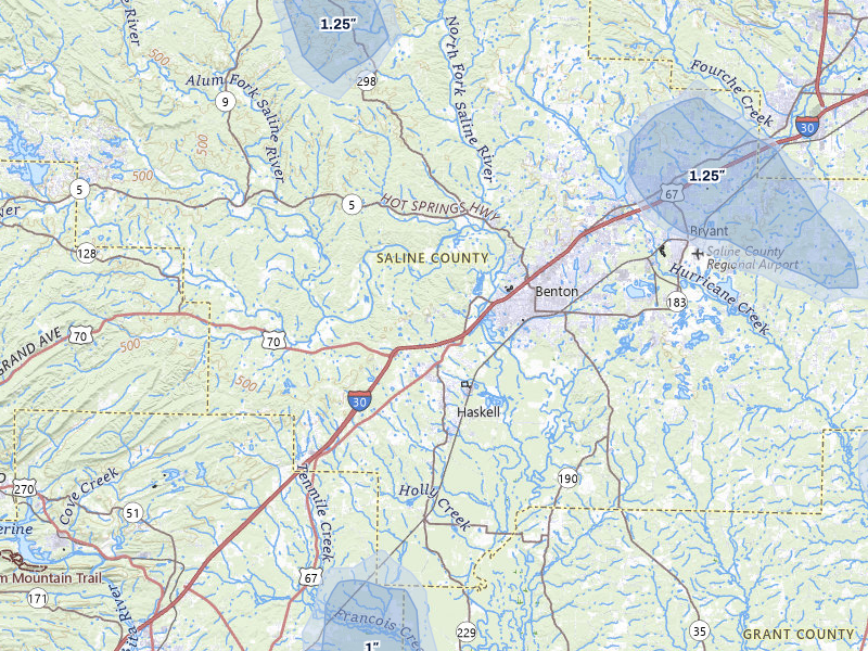 NEXRAD radar-signature map of the hail storm over Benton, AR on May 30, 2026