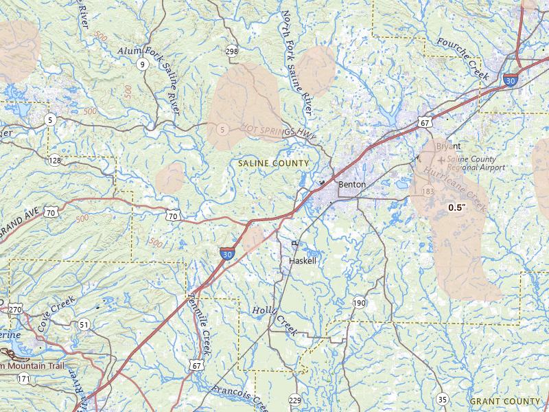 Radar-estimated hail-size map of the storm over Benton, AR on Jun 1, 2026