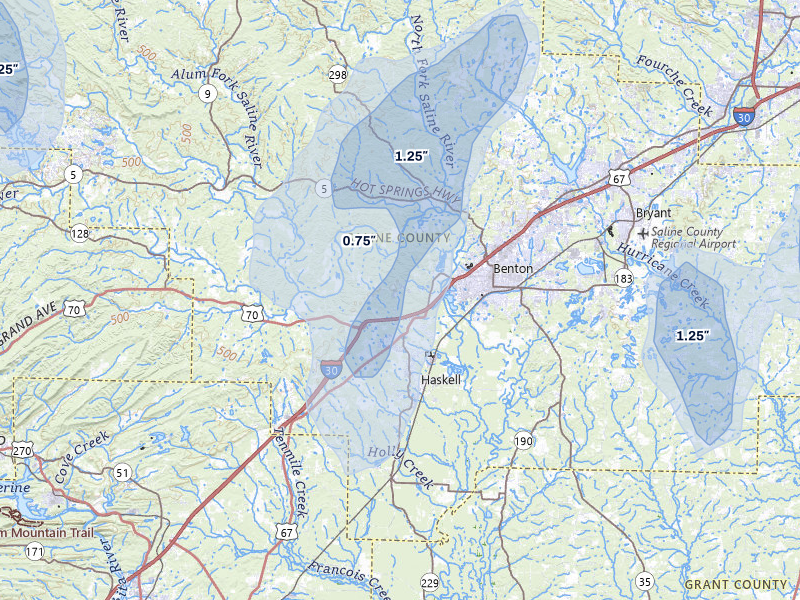 NEXRAD radar-signature map of the hail over Benton, AR