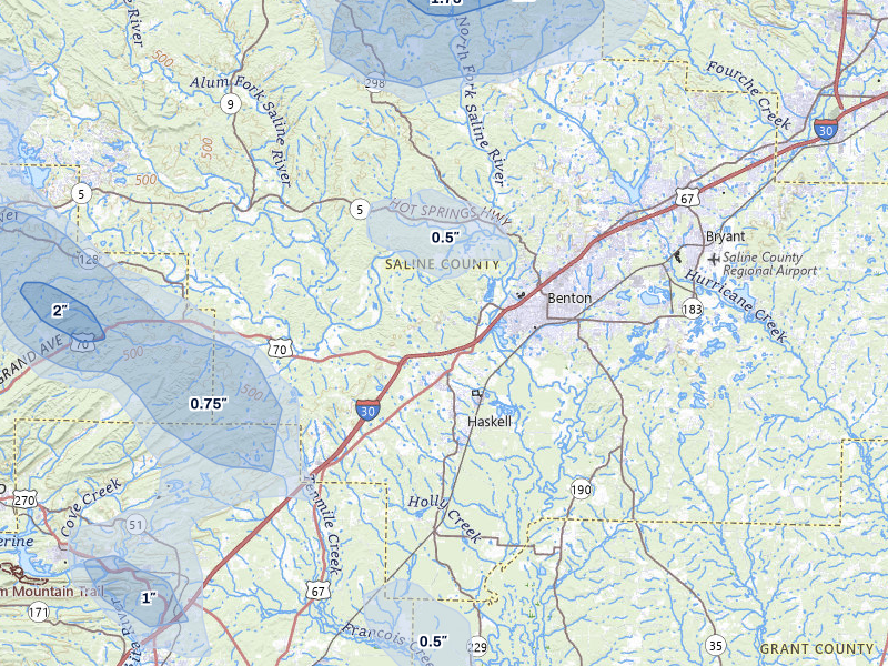 NEXRAD radar-signature map of the hail over Benton, AR