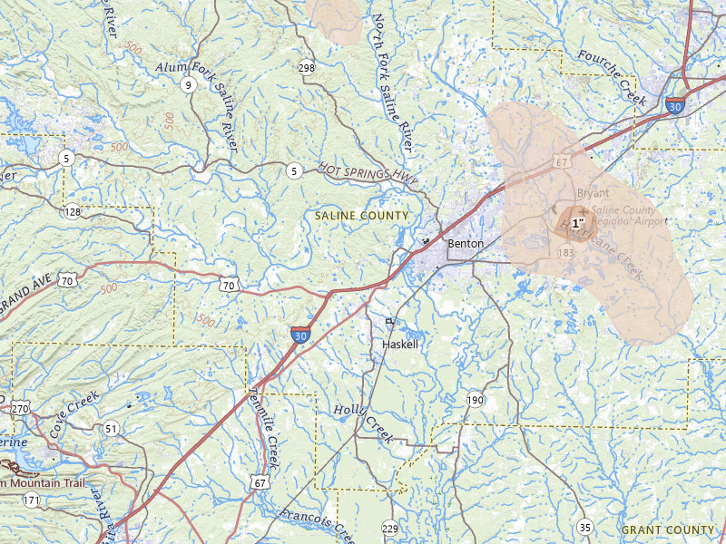 Radar-estimated hail-size map of the storm over Benton, AR on Jul 8, 2026