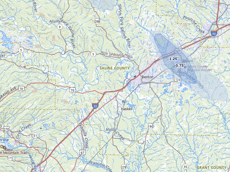 NEXRAD radar-signature map of the hail storm over Benton, AR on Jul 8, 2026