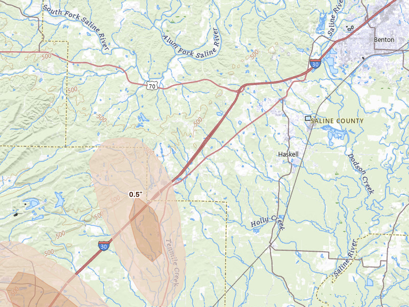 Radar-estimated hail-size map of the storm over Benton, AR on Aug 20, 2026