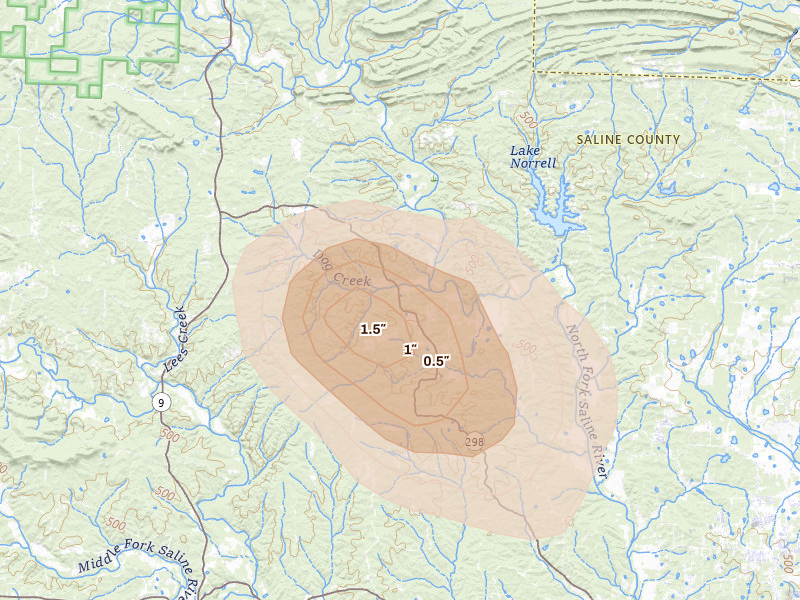 Radar-estimated hail-size map of the storm over Benton, AR on Aug 22, 2026