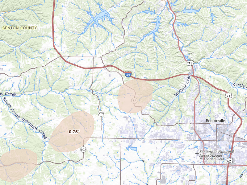 Radar-estimated hail-size map of the storm over Bentonville, AR on Mar 4, 2026