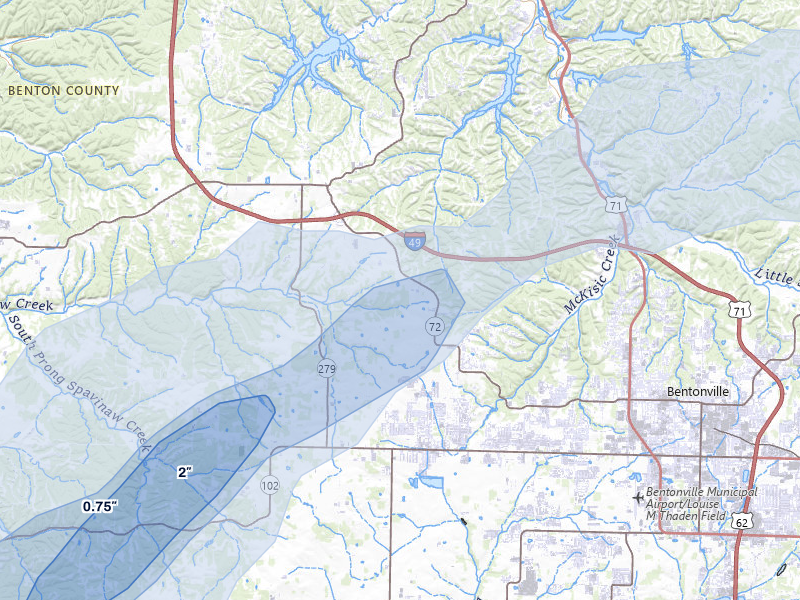 NEXRAD radar-signature map of the hail storm over Bentonville, AR on Mar 4, 2026