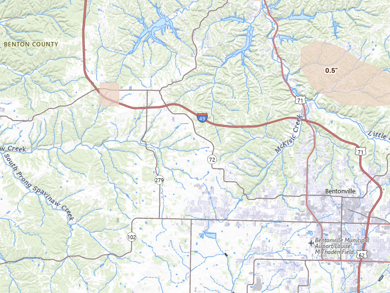 Radar-estimated hail-size map of the storm over Bentonville, AR on Jun 8, 2026