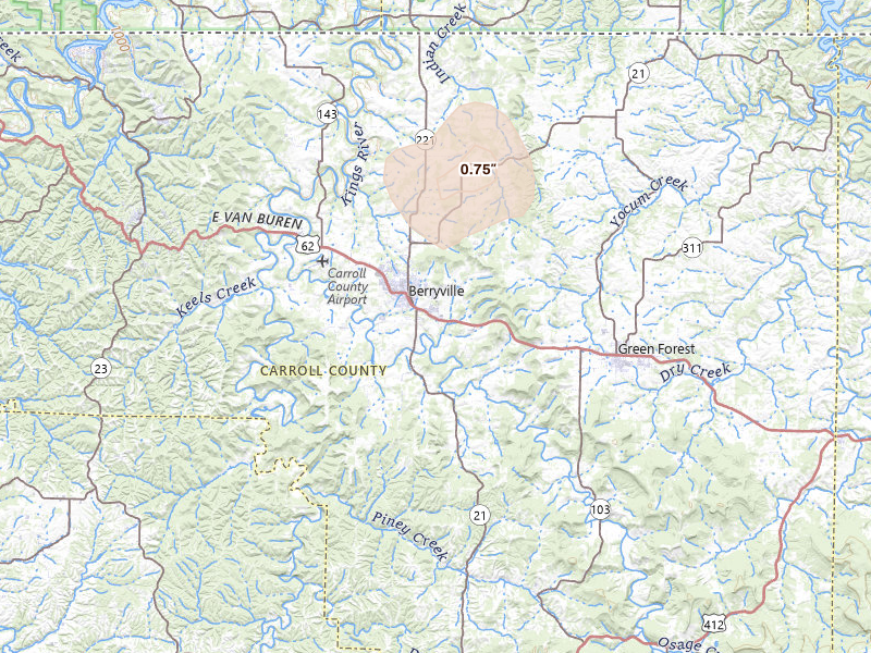 Radar-estimated hail-size map of the storm over Berryville, AR on Jul 4, 2026