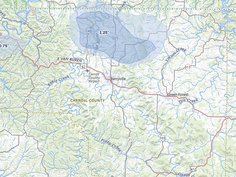 NEXRAD radar-signature map of the hail over Berryville, AR