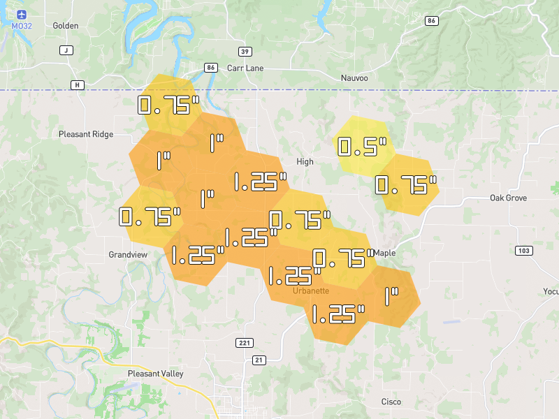 Hail map of Berryville, AR on Jul 5, 2026, hail up to 1.25"