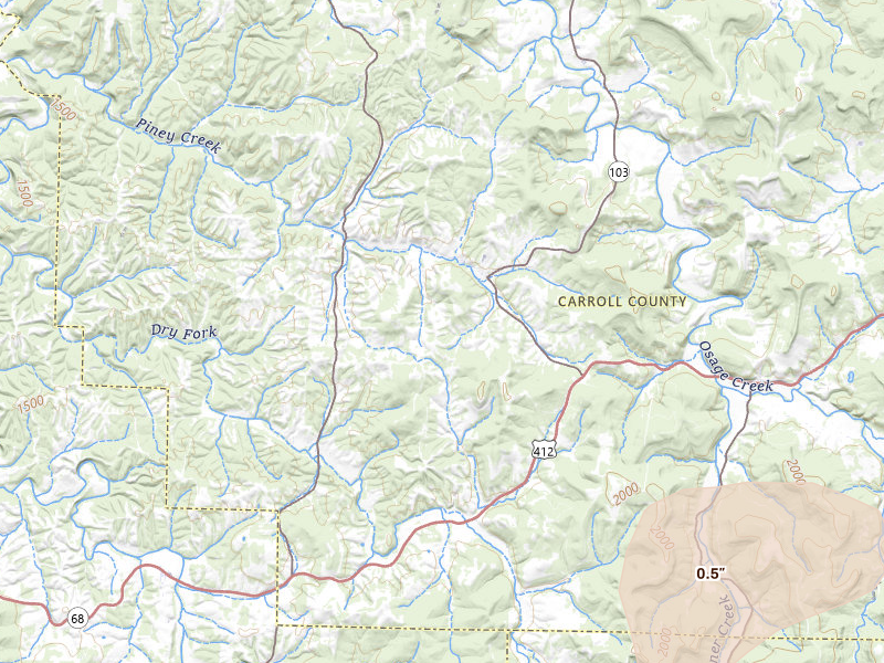 Radar-estimated hail-size map of the storm over Berryville, AR on Jul 11, 2026