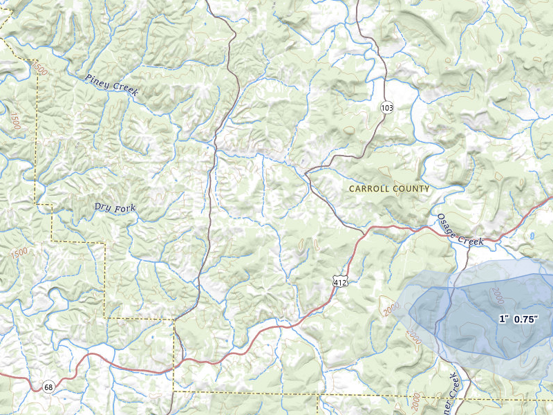 NEXRAD radar-signature map of the hail storm over Berryville, AR on Jul 11, 2026
