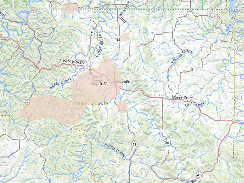 Radar-estimated hail-size map of the storm over Berryville, AR on Aug 6, 2026