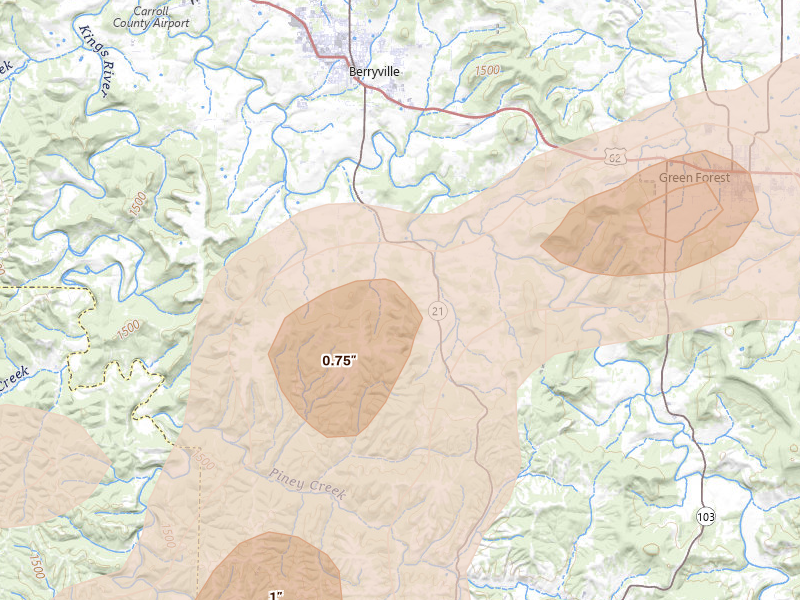 Radar-estimated hail-size map of the storm over Berryville, AR on Aug 7, 2026