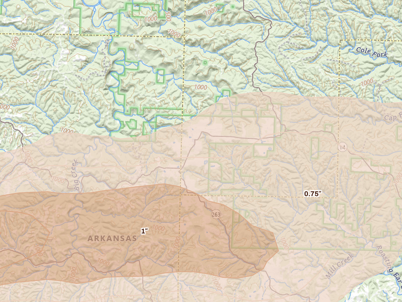 Radar-estimated hail-size map of the storm over Big Flat, AR on Apr 28, 2026