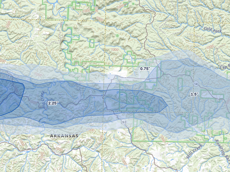NEXRAD radar-signature map of the hail storm over Big Flat, AR on Apr 28, 2026