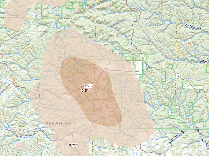 Radar-estimated hail-size map of the storm over Big Flat, AR on Jun 1, 2026