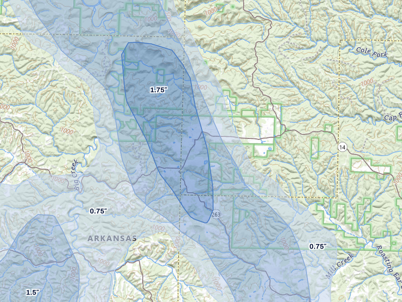 NEXRAD radar-signature map of the hail storm over Big Flat, AR on Jun 1, 2026