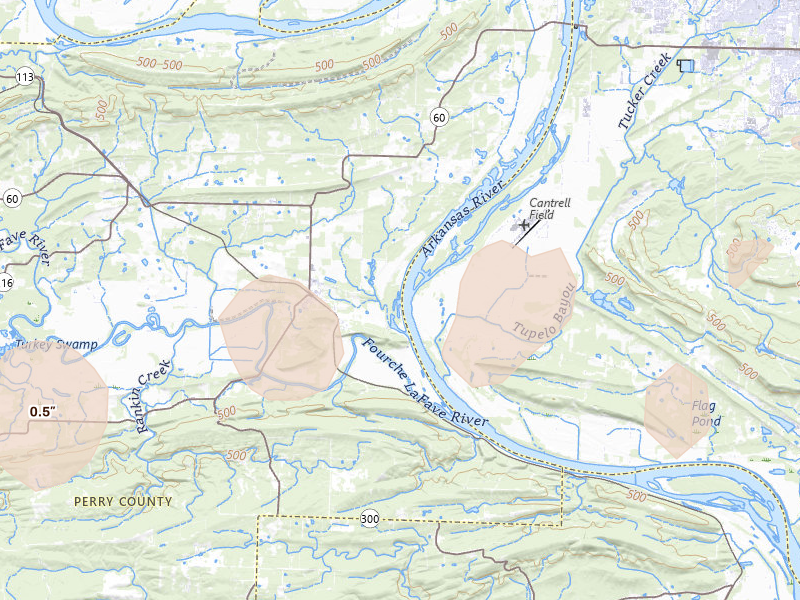 Radar-estimated hail-size map of the storm over Bigelow, AR on Mar 15, 2026